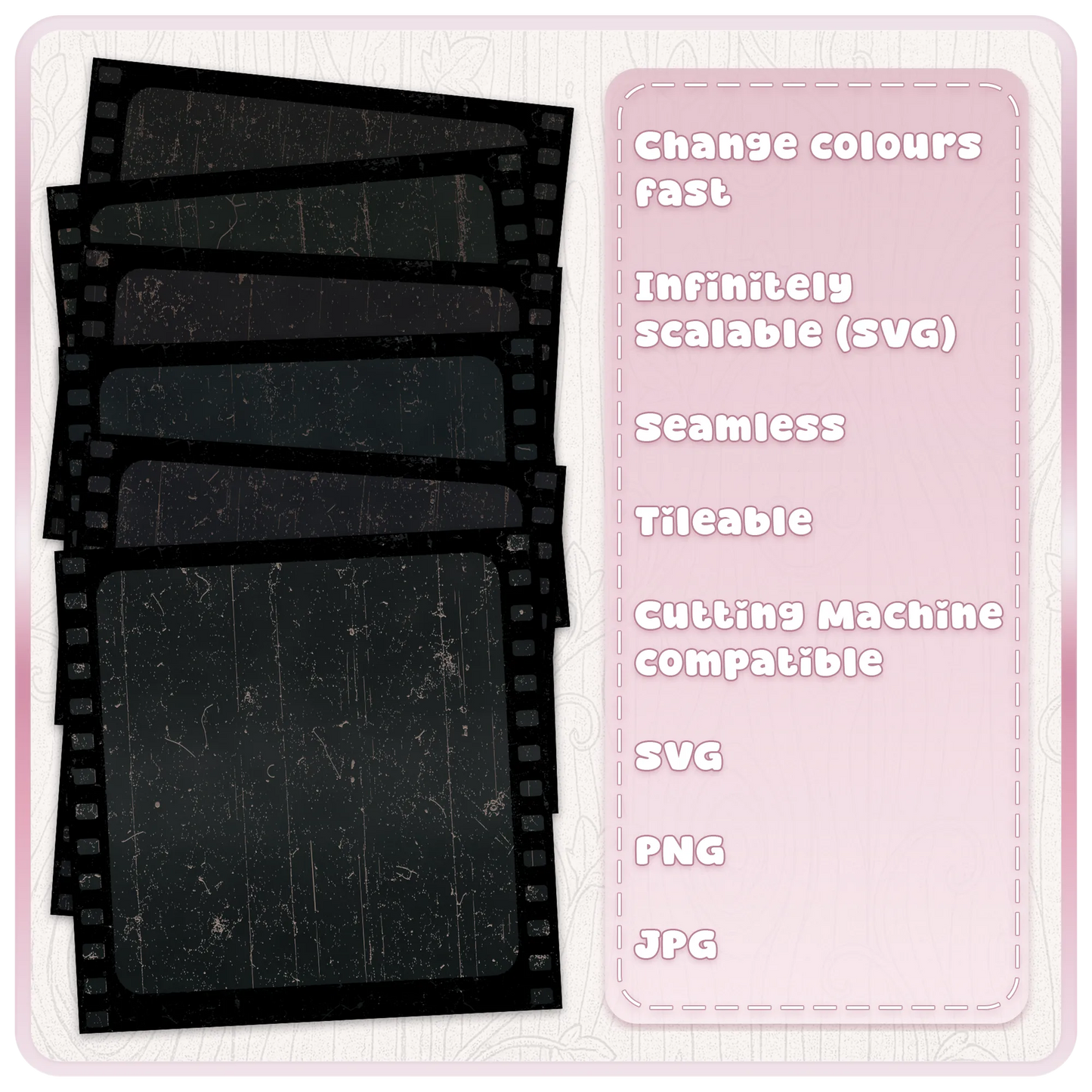 Six dark colour examples of seamless grunge film patterns shown on vintage black film frames with distressed scratches and aged texture.