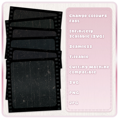 Six dark colour examples of seamless grunge film patterns shown on vintage black film frames with distressed scratches and aged texture.