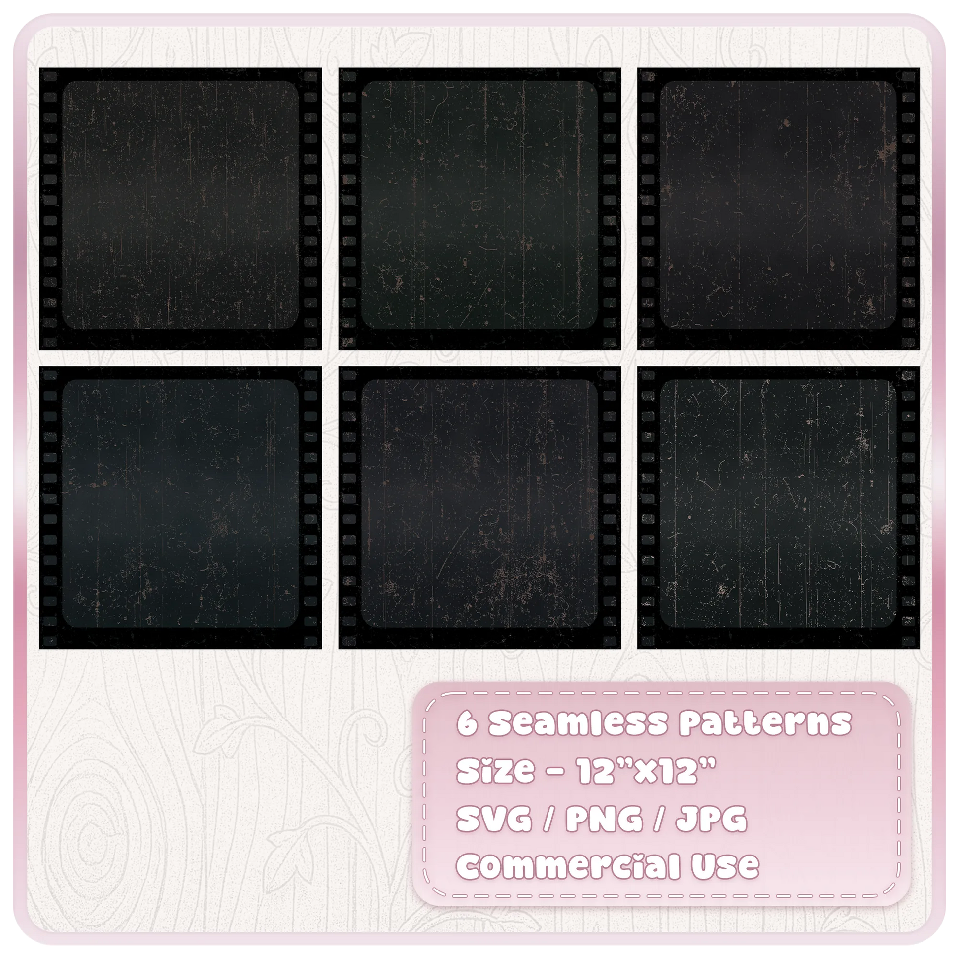 Grid preview of six dark seamless film grunge pattern colour examples featuring black, charcoal and muted vintage backgrounds with distressed film textures.