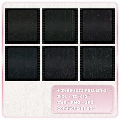 Grid preview of six dark seamless film grunge pattern colour examples featuring black, charcoal and muted vintage backgrounds with distressed film textures.