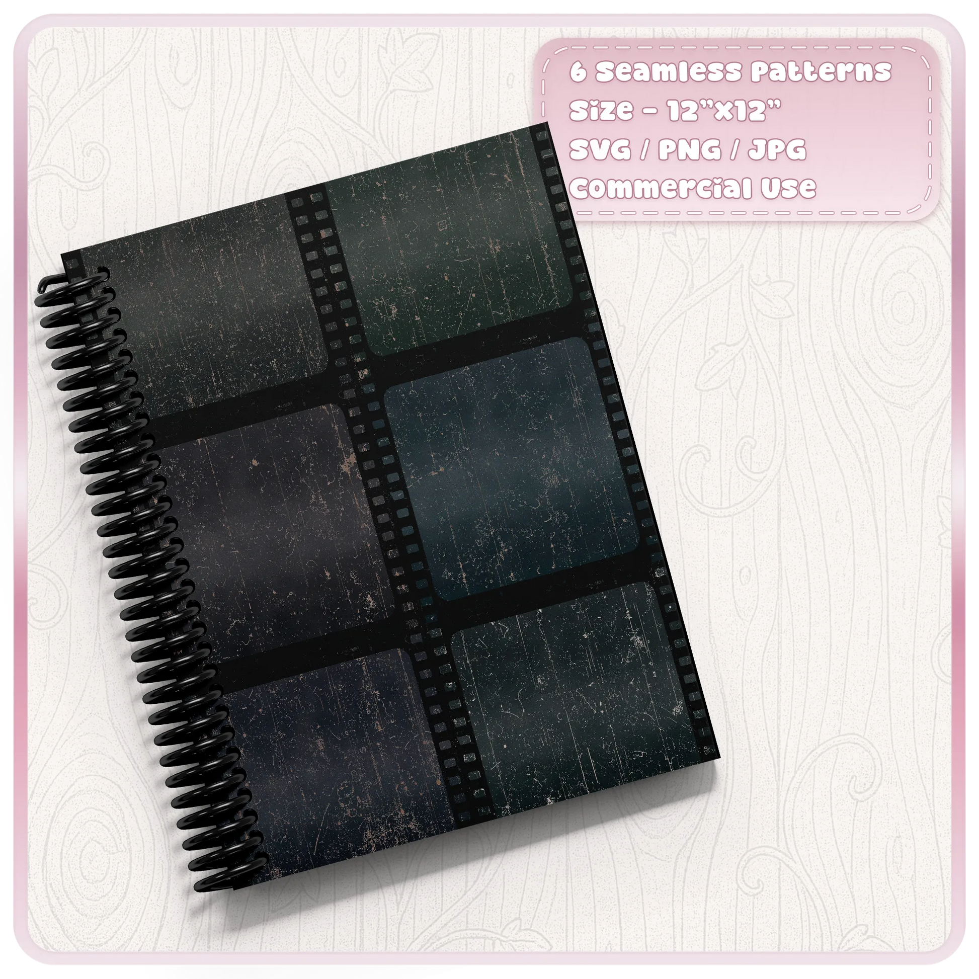 Mockup of six seamless grunge film pattern colour examples applied to a spiral notebook, showing distressed vintage film textures for digital and print projects.