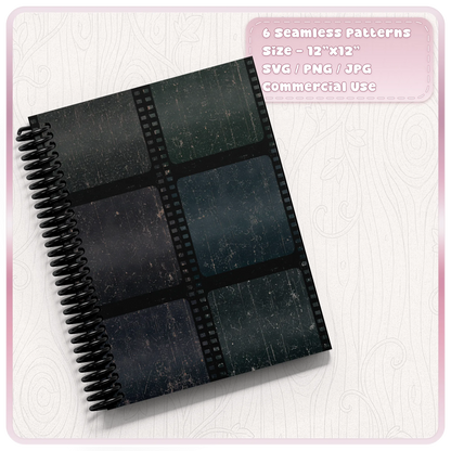 Mockup of six seamless grunge film pattern colour examples applied to a spiral notebook, showing distressed vintage film textures for digital and print projects.
