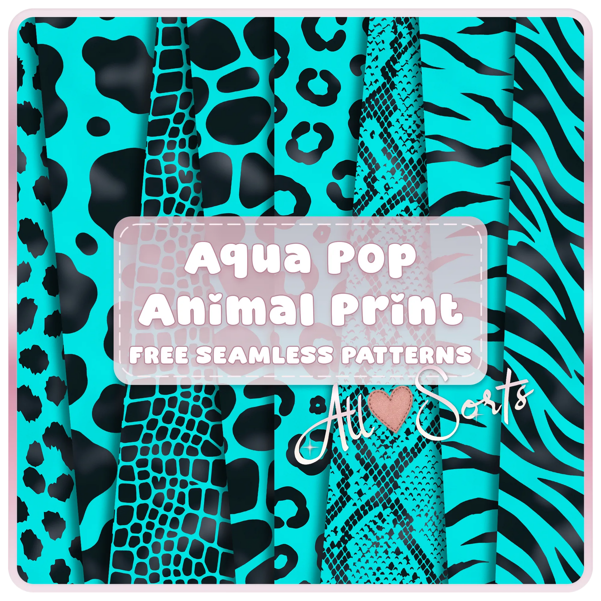 Free Aqua Pop animal print seamless paper pack preview featuring aqua blue and black cow, leopard, snake, zebra, tiger, and safari patterns.