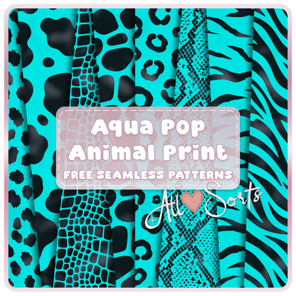 Free Aqua Pop animal print seamless paper pack preview featuring aqua blue and black cow, leopard, snake, zebra, tiger, and safari patterns.