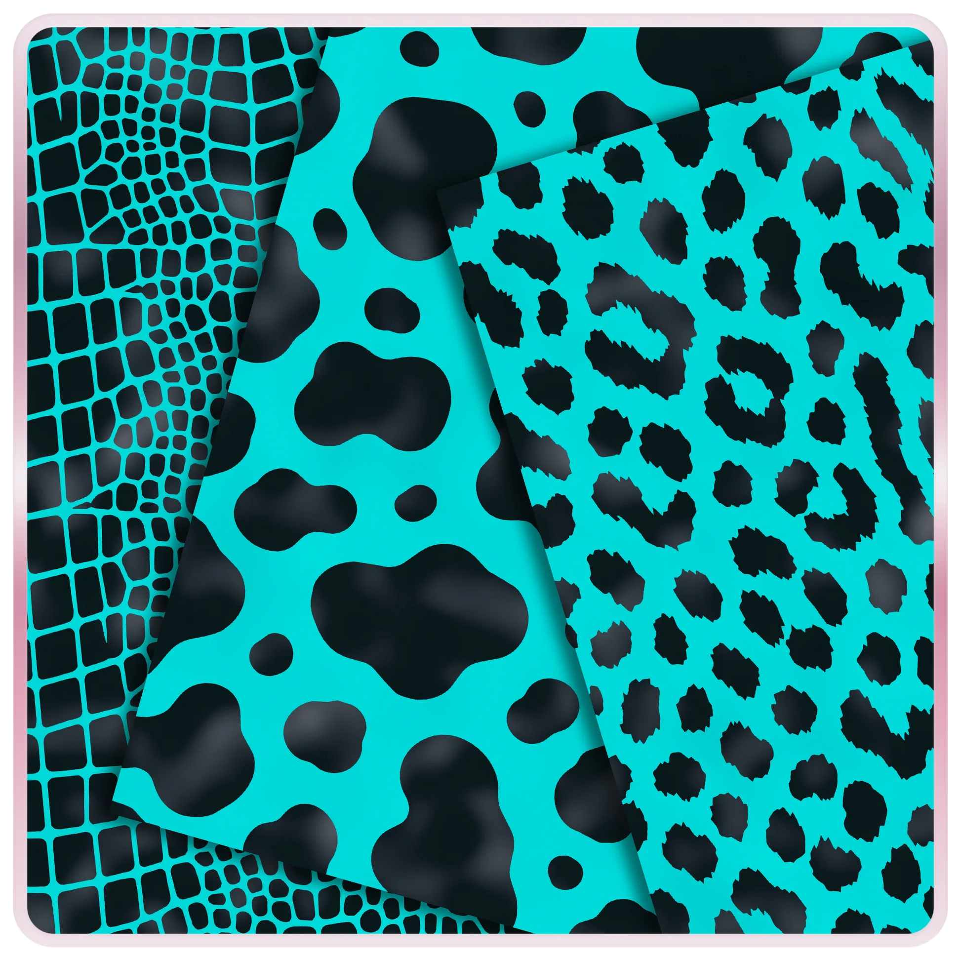 Aqua blue and black seamless digital papers featuring giraffe-style spots, cow print, and leopard animal print patterns for crafts and printables.