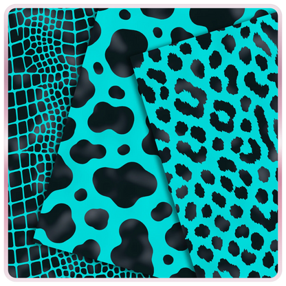 Aqua blue and black seamless digital papers featuring giraffe-style spots, cow print, and leopard animal print patterns for crafts and printables.