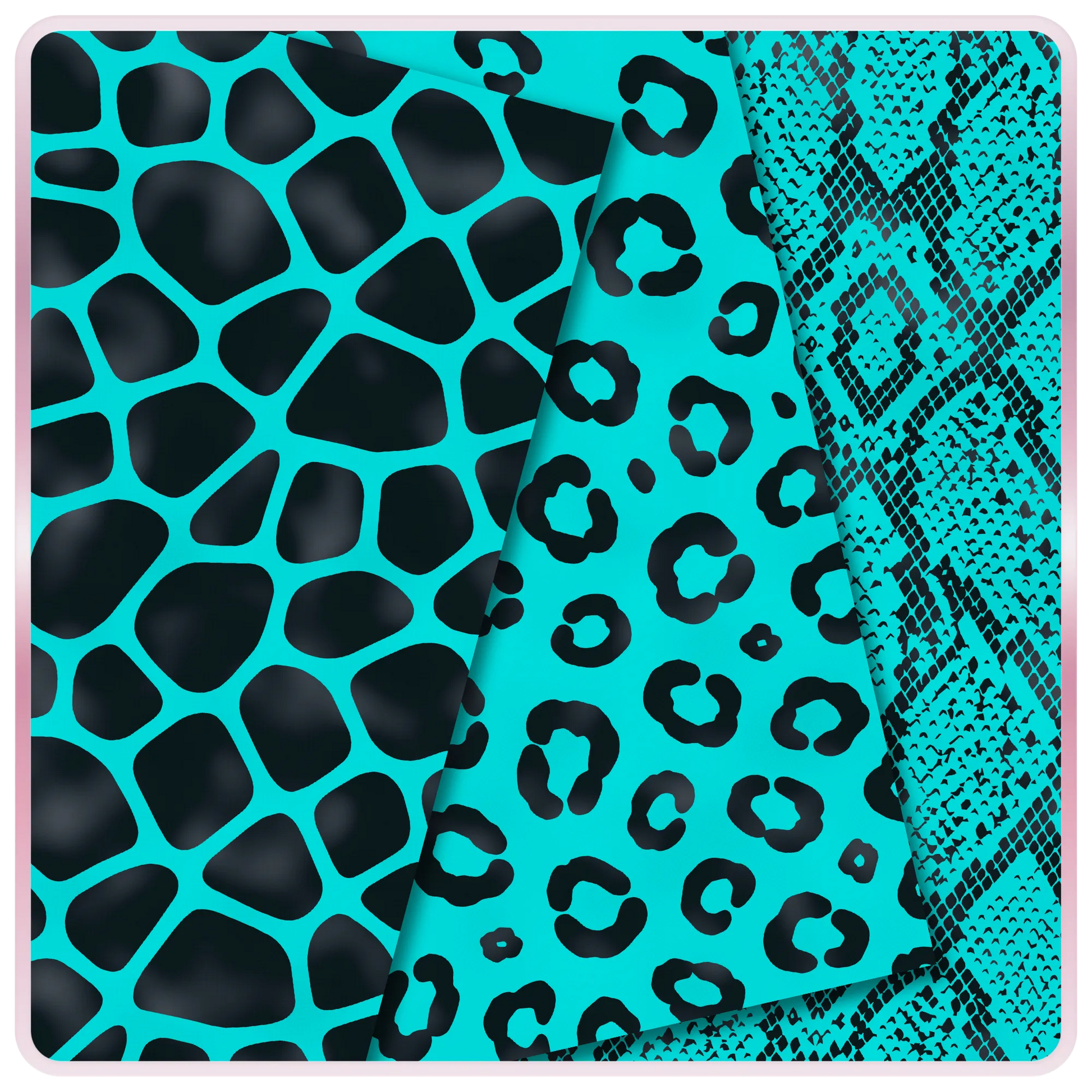 Turquoise Aqua Pop seamless animal print digital papers with black giraffe spots, leopard print, and snake print JPG patterns.