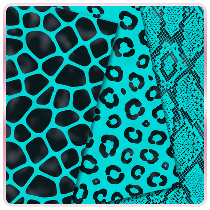Turquoise Aqua Pop seamless animal print digital papers with black giraffe spots, leopard print, and snake print JPG patterns.
