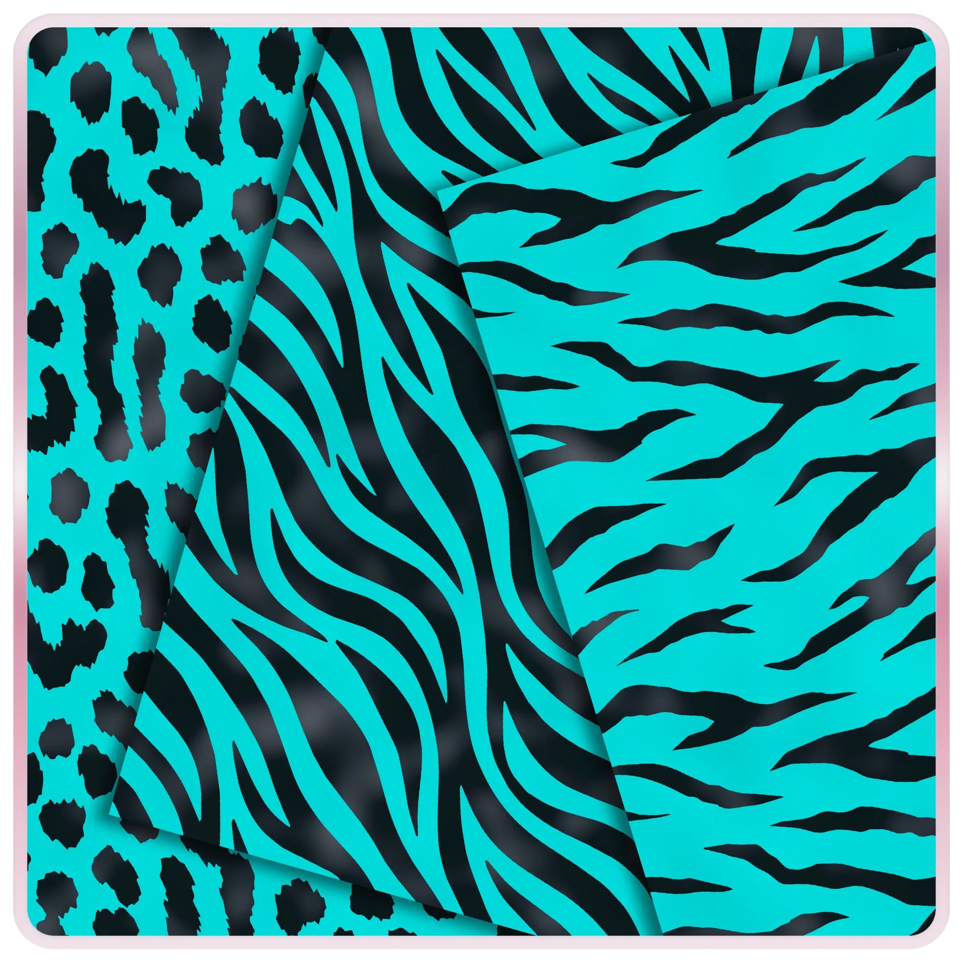 Aqua and black animal print seamless papers featuring leopard spots, zebra stripes, and tiger stripe digital patterns for scrapbook and craft projects.