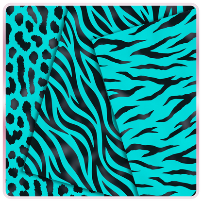 Aqua and black animal print seamless papers featuring leopard spots, zebra stripes, and tiger stripe digital patterns for scrapbook and craft projects.