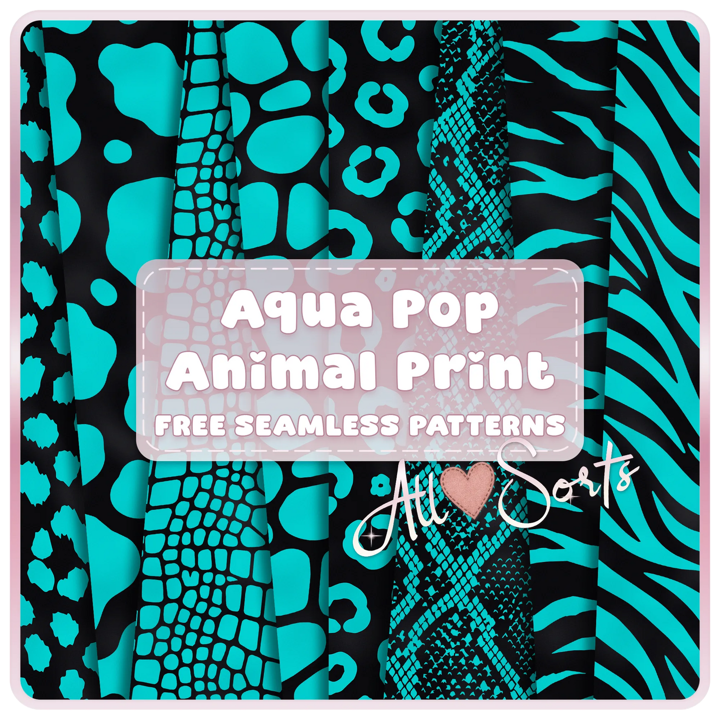 Free Aqua Pop Animal Print seamless digital paper pack preview featuring teal and black leopard, cow, giraffe, snakeskin, zebra, and crocodile patterns by AllSorts Crafts.