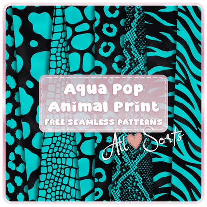 Free Aqua Pop Animal Print seamless digital paper pack preview featuring teal and black leopard, cow, giraffe, snakeskin, zebra, and crocodile patterns by AllSorts Crafts.