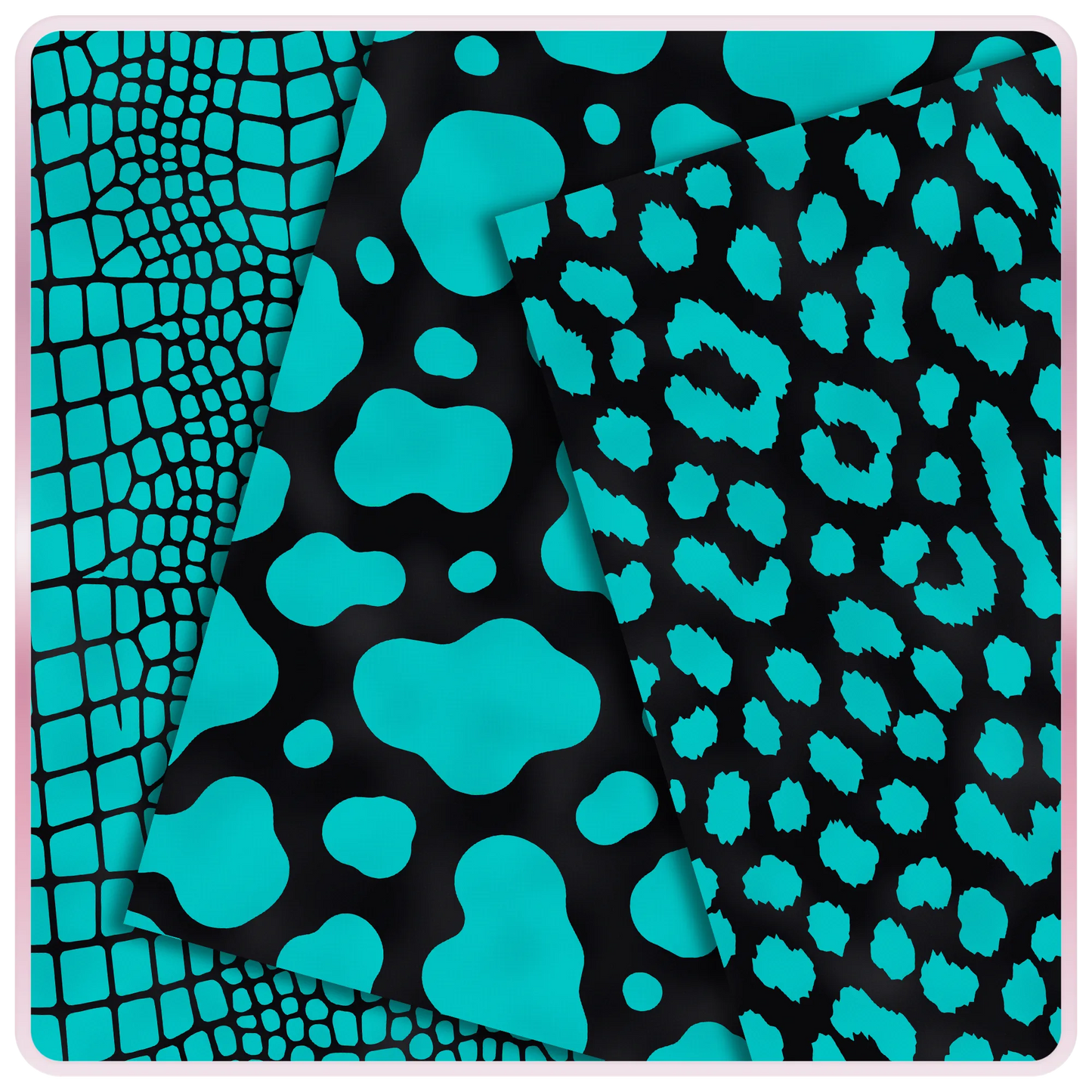 Aqua and black animal print seamless digital papers with crocodile, cow, and leopard pattern previews for free printable craft downloads.
