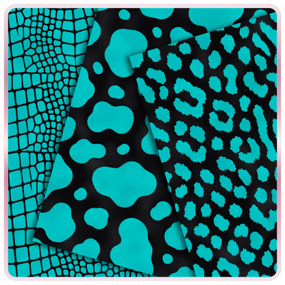 Aqua and black animal print seamless digital papers with crocodile, cow, and leopard pattern previews for free printable craft downloads.