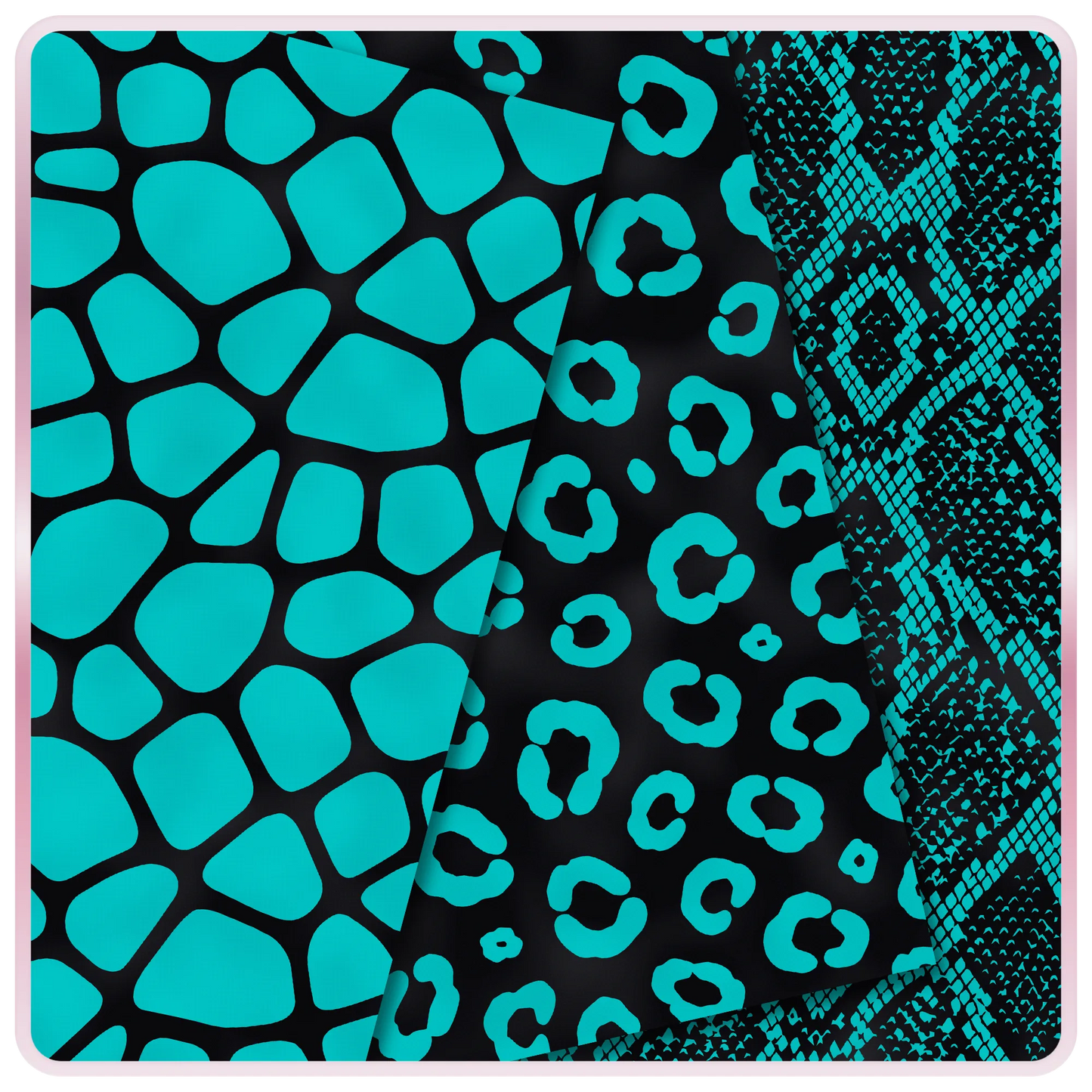 Teal and black seamless animal print papers featuring giraffe, leopard, and snakeskin digital patterns for scrapbooking, sublimation, and DIY crafts.