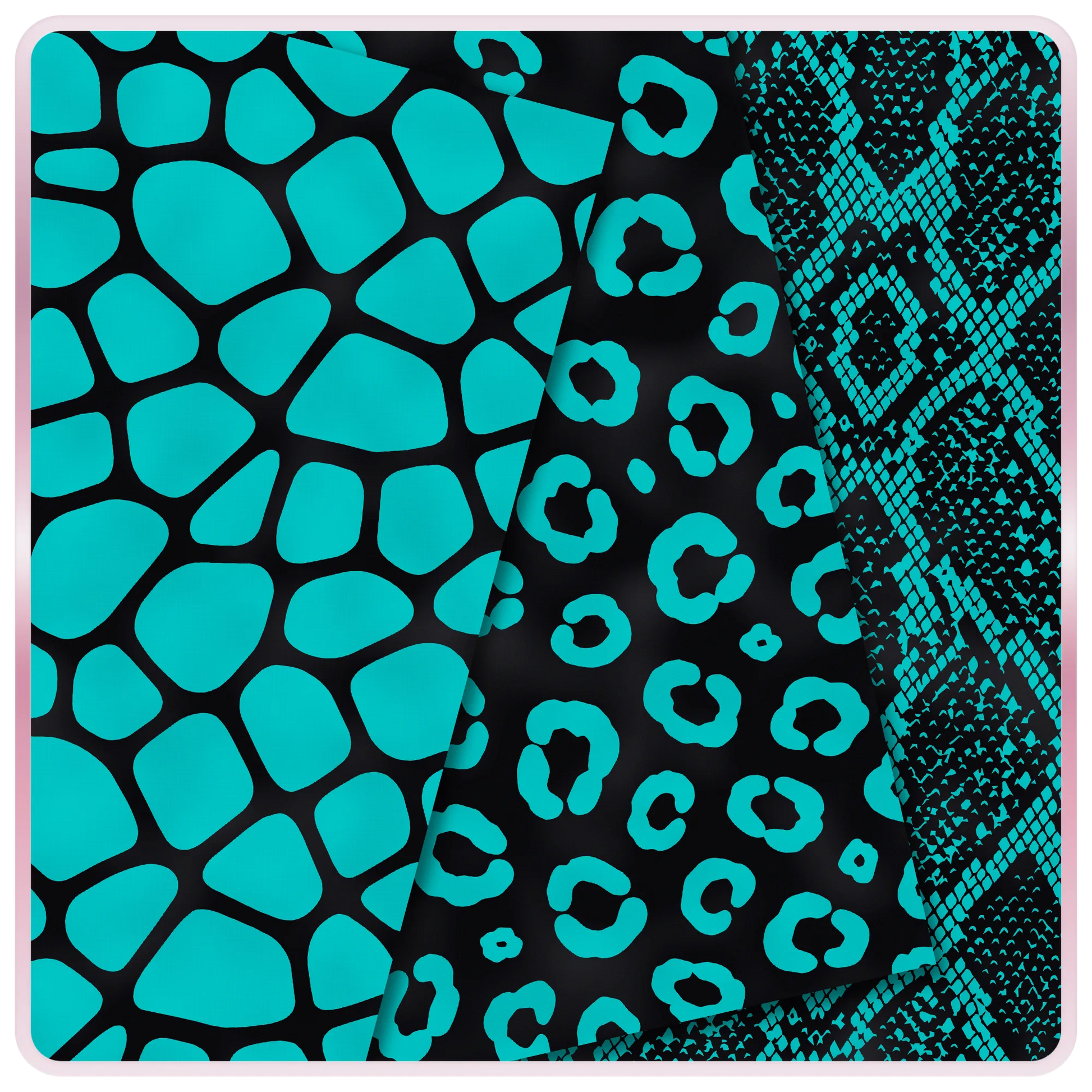 Teal and black seamless animal print papers featuring giraffe, leopard, and snakeskin digital patterns for scrapbooking, sublimation, and DIY crafts.