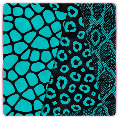 Teal and black seamless animal print papers featuring giraffe, leopard, and snakeskin digital patterns for scrapbooking, sublimation, and DIY crafts.
