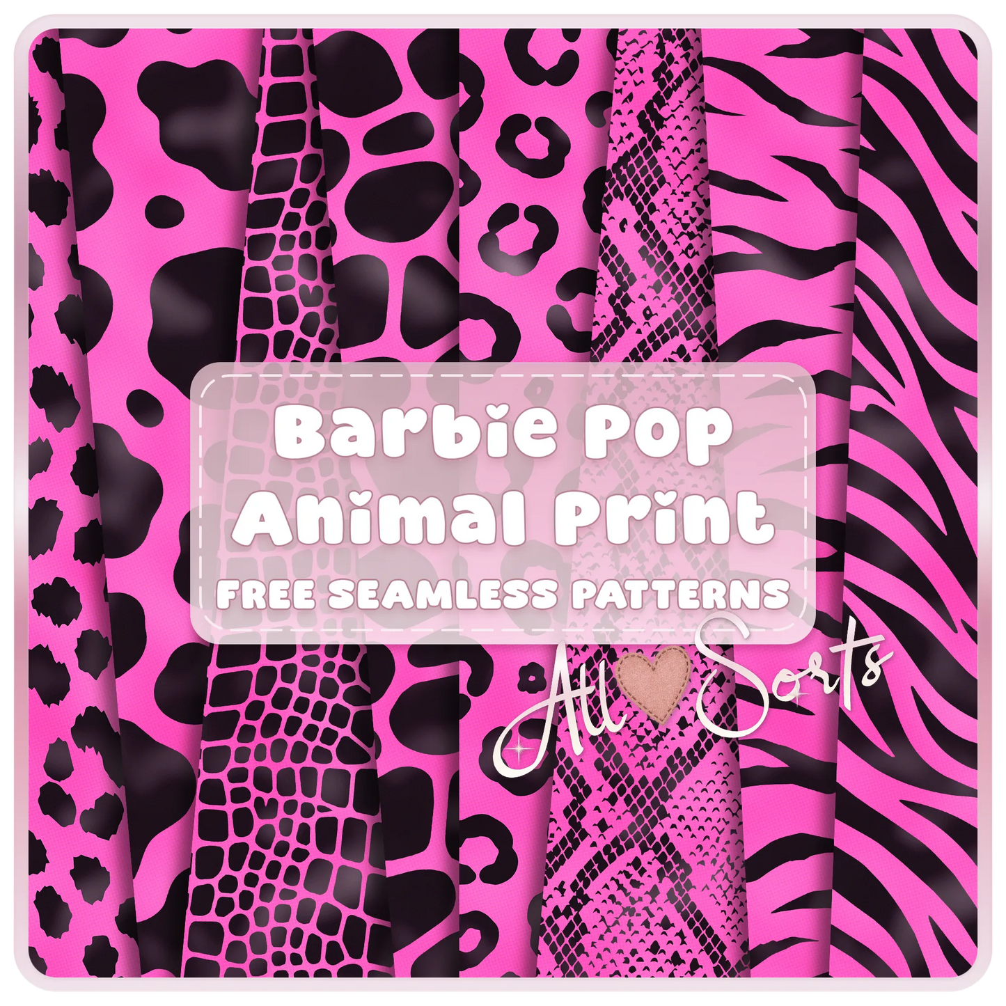 Free Barbiecore pop animal print seamless paper pack preview featuring pink and black cow, leopard, snake, zebra, tiger, and safari patterns.