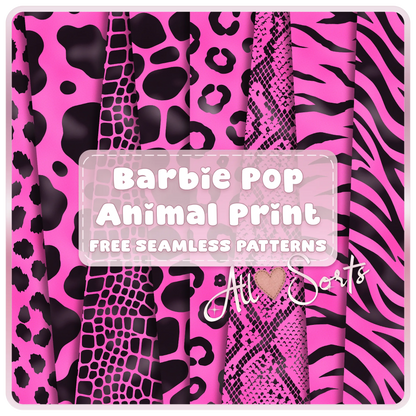 Free Barbiecore pop animal print seamless paper pack preview featuring pink and black cow, leopard, snake, zebra, tiger, and safari patterns.