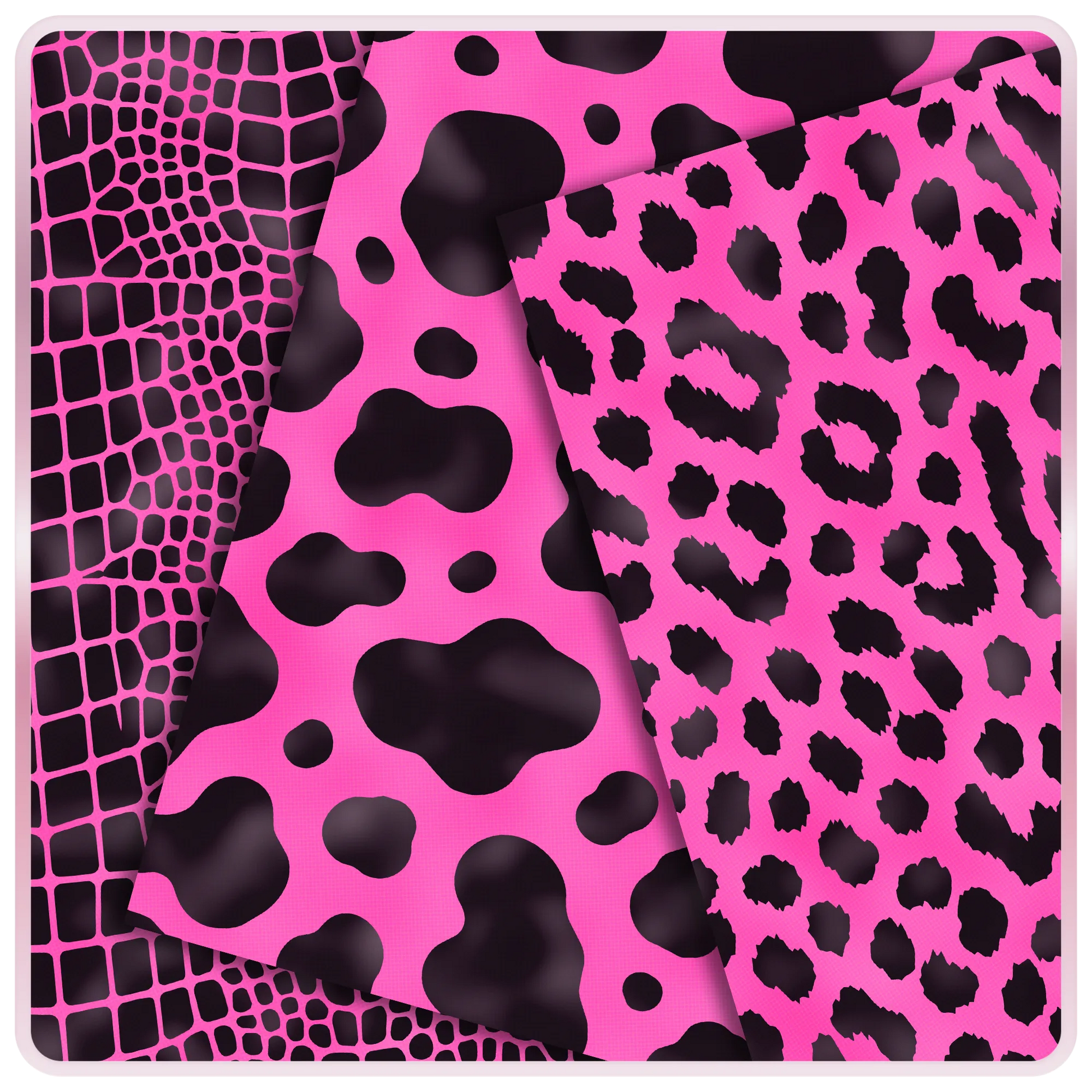 Pink and black seamless digital papers featuring giraffe-style spots, cow print, and leopard animal print patterns for crafts and printables.