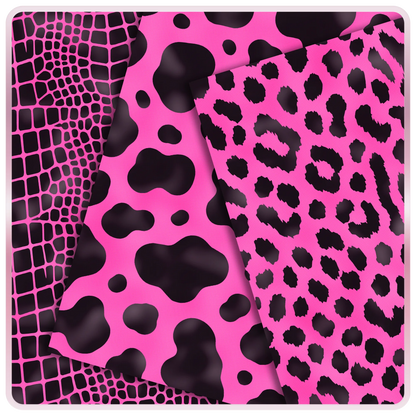 Pink and black seamless digital papers featuring giraffe-style spots, cow print, and leopard animal print patterns for crafts and printables.
