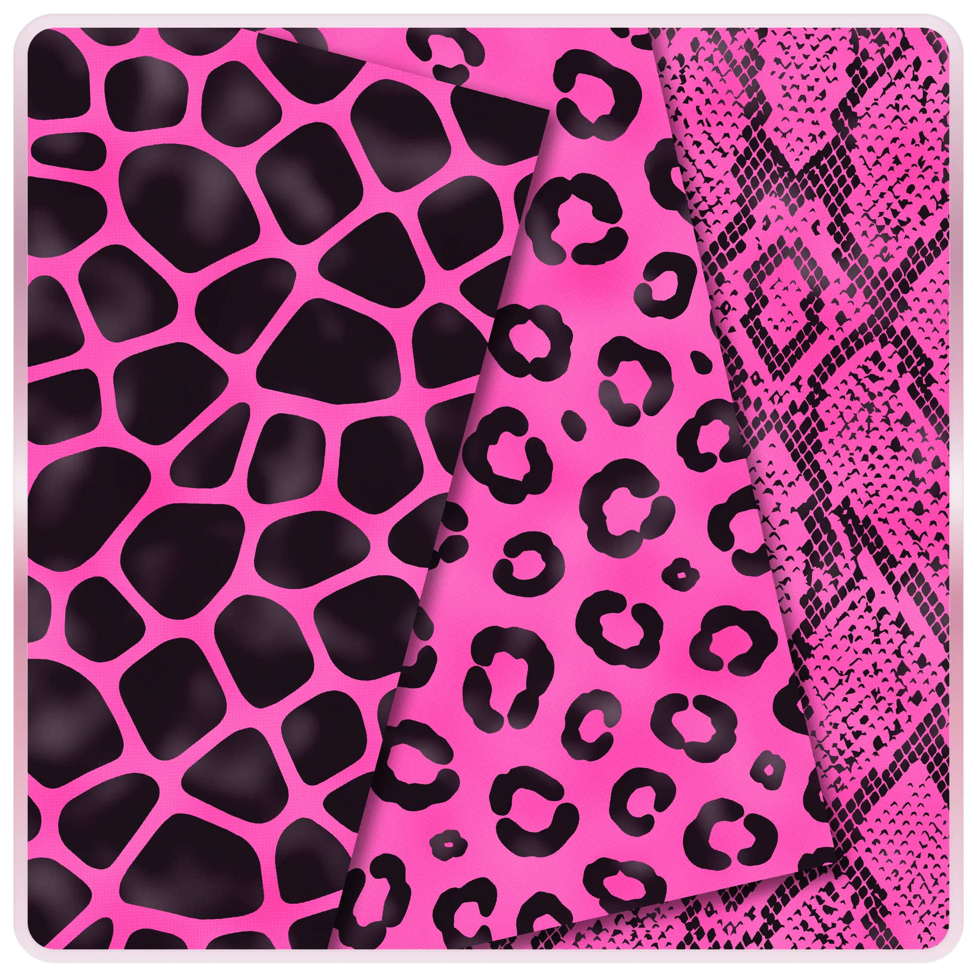 Hot pink Barbiecore seamless animal print digital papers with black giraffe spots, leopard print, and snake print JPG patterns.