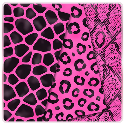 Hot pink Barbiecore seamless animal print digital papers with black giraffe spots, leopard print, and snake print JPG patterns.
