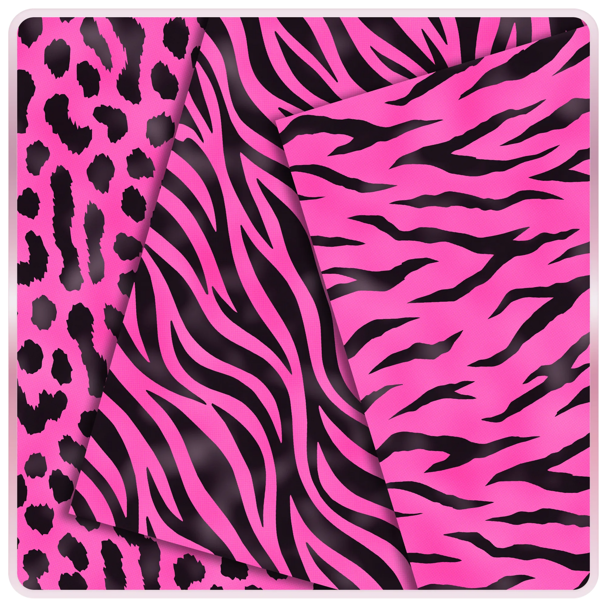 Pink and black animal print seamless papers featuring leopard spots, zebra stripes, and tiger stripe digital patterns for scrapbook and craft projects.