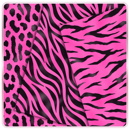 Pink and black animal print seamless papers featuring leopard spots, zebra stripes, and tiger stripe digital patterns for scrapbook and craft projects.