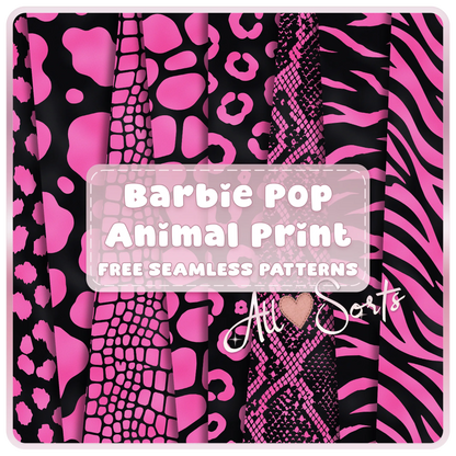 Free Barbie Pop Animal Print seamless digital paper pack preview featuring pink and black leopard, cow, giraffe, snakeskin, zebra, and crocodile patterns by AllSorts Crafts.
