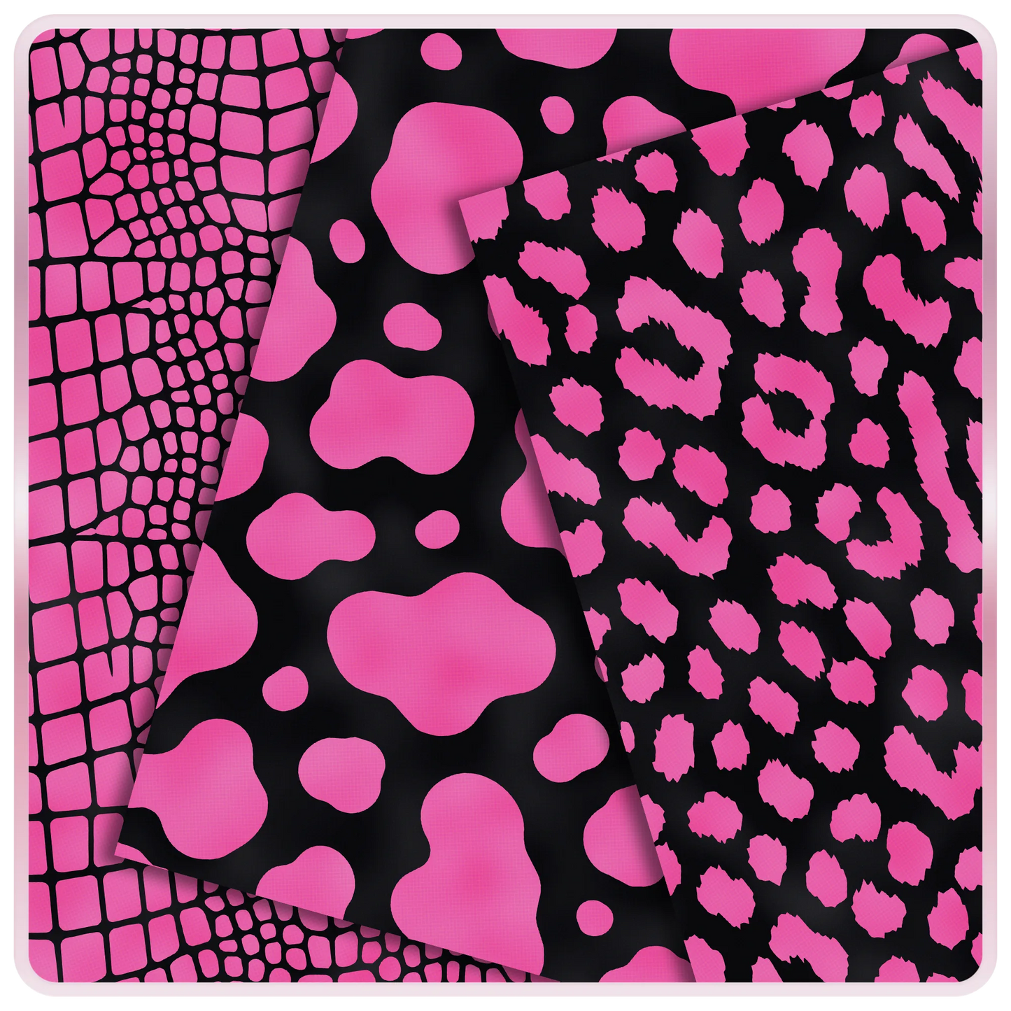 Pink and black animal print seamless digital papers with crocodile, cow, and leopard pattern previews for free Barbiecore craft downloads.