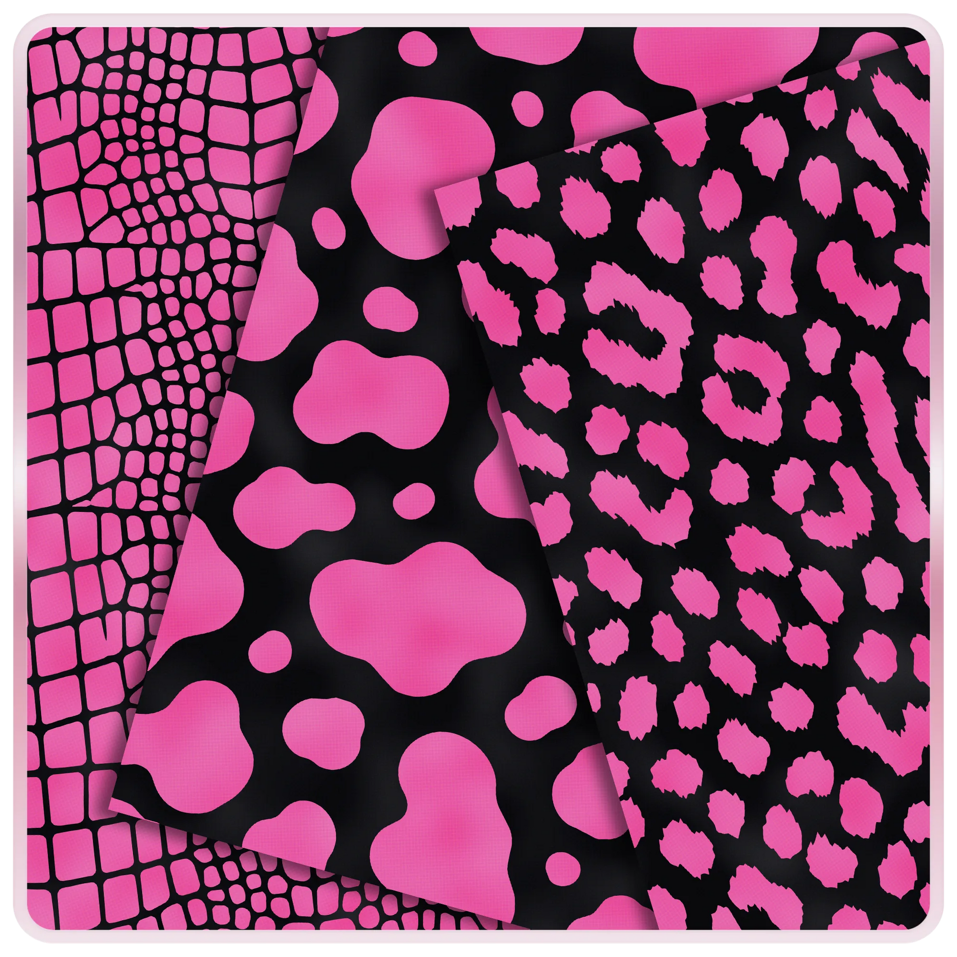 Pink and black animal print seamless digital papers with crocodile, cow, and leopard pattern previews for free Barbiecore craft downloads.