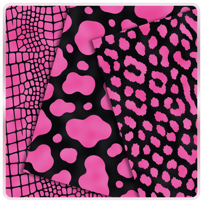 Pink and black animal print seamless digital papers with crocodile, cow, and leopard pattern previews for free Barbiecore craft downloads.