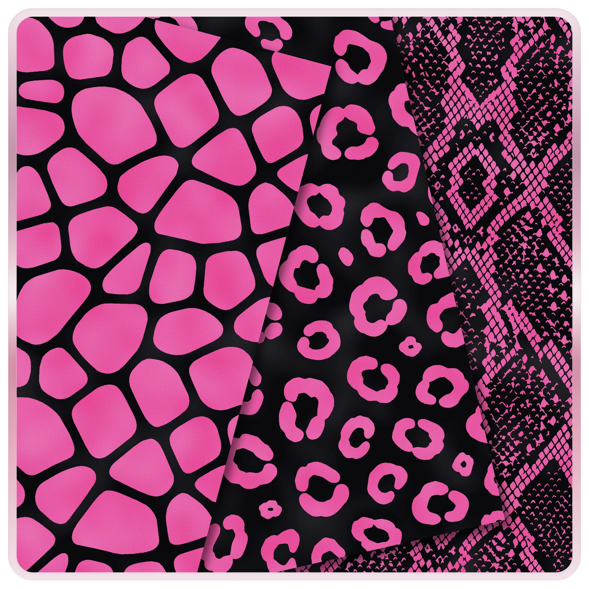 Barbie Pop pink and black seamless animal print papers featuring giraffe, leopard, and snakeskin digital patterns for scrapbooking and sublimation.