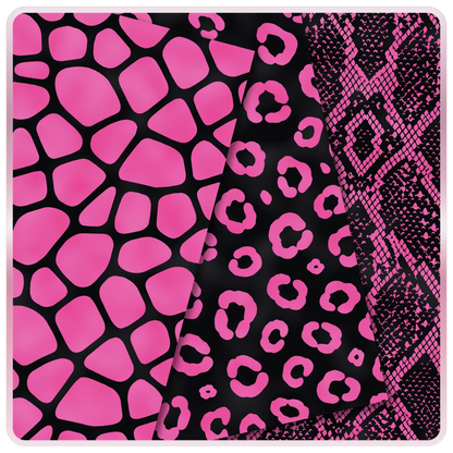 Barbie Pop pink and black seamless animal print papers featuring giraffe, leopard, and snakeskin digital patterns for scrapbooking and sublimation.