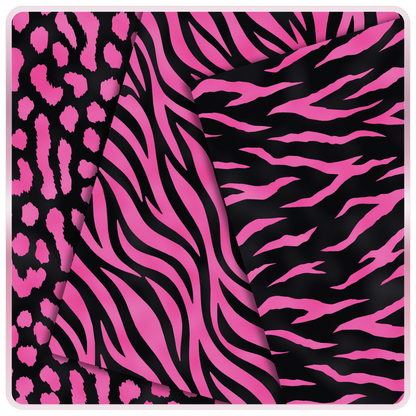 Free pink and black zebra, tiger stripe, and leopard animal print seamless JPG digital papers for Barbiecore crafts, printables, and DIY designs.