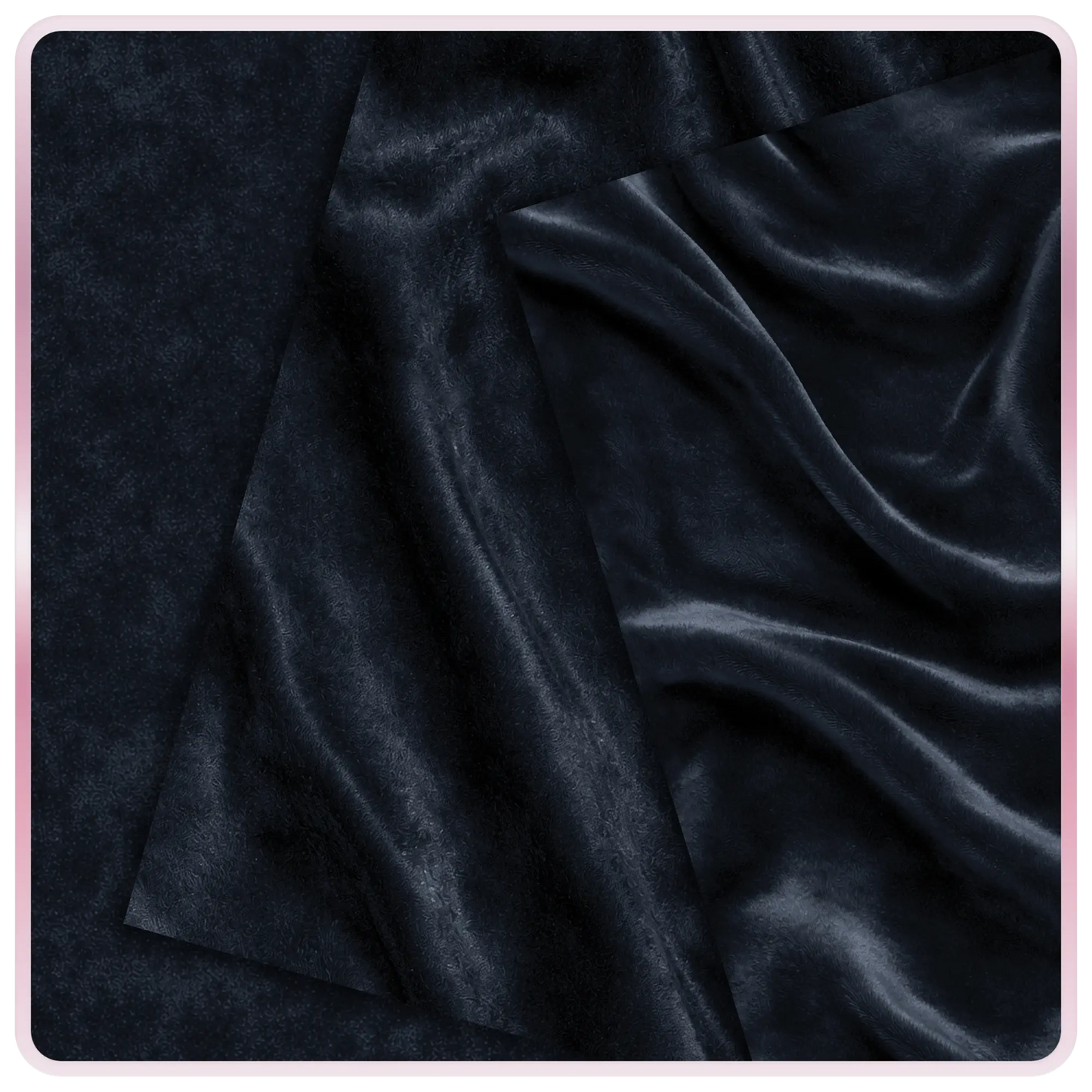 Black velvet seamless texture with smooth draped fabric folds and subtle shine, luxury dark fabric digital background