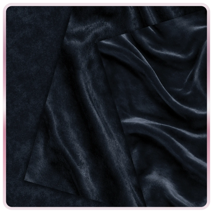 Black velvet seamless texture with smooth draped fabric folds and subtle shine, luxury dark fabric digital background