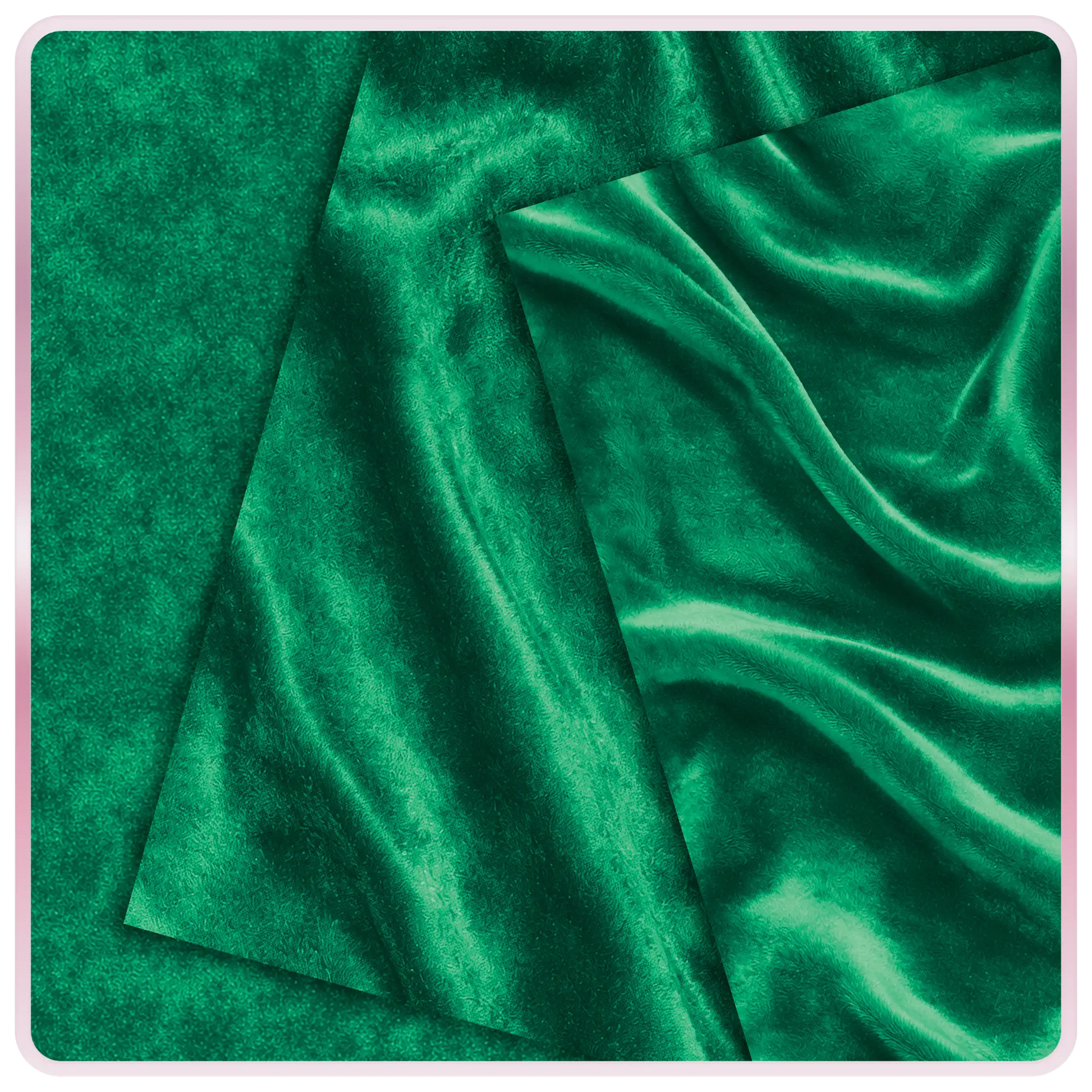 Emerald green velvet seamless texture with smooth flowing fabric folds and luminous highlights