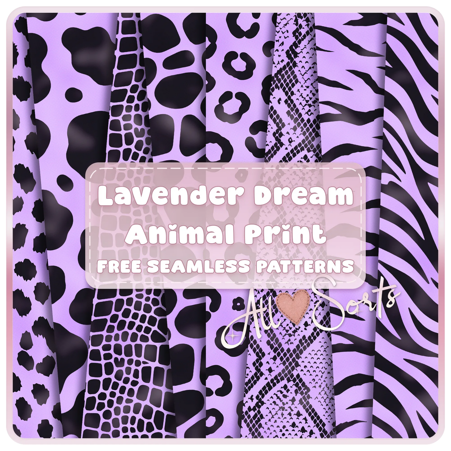 Free Lavender Dream animal print seamless paper pack preview featuring purple and black cow, leopard, snake, zebra, tiger, and safari patterns.