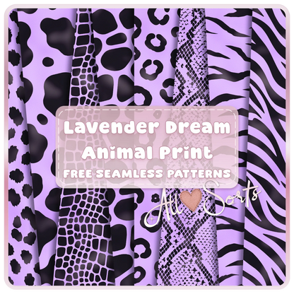Free Lavender Dream animal print seamless paper pack preview featuring purple and black cow, leopard, snake, zebra, tiger, and safari patterns.