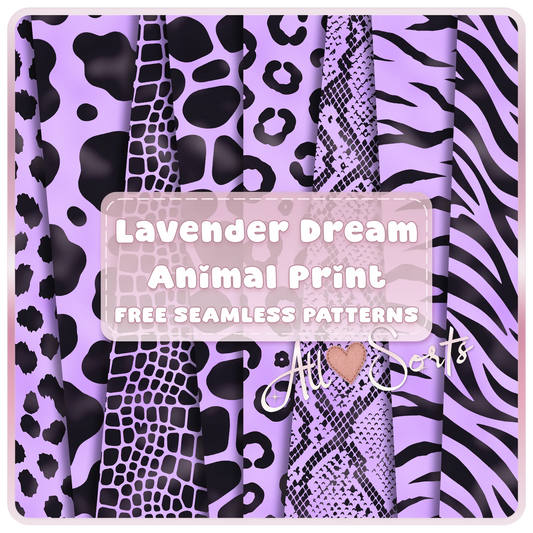 Free Lavender Dream animal print seamless paper pack preview featuring purple and black cow, leopard, snake, zebra, tiger, and safari patterns.