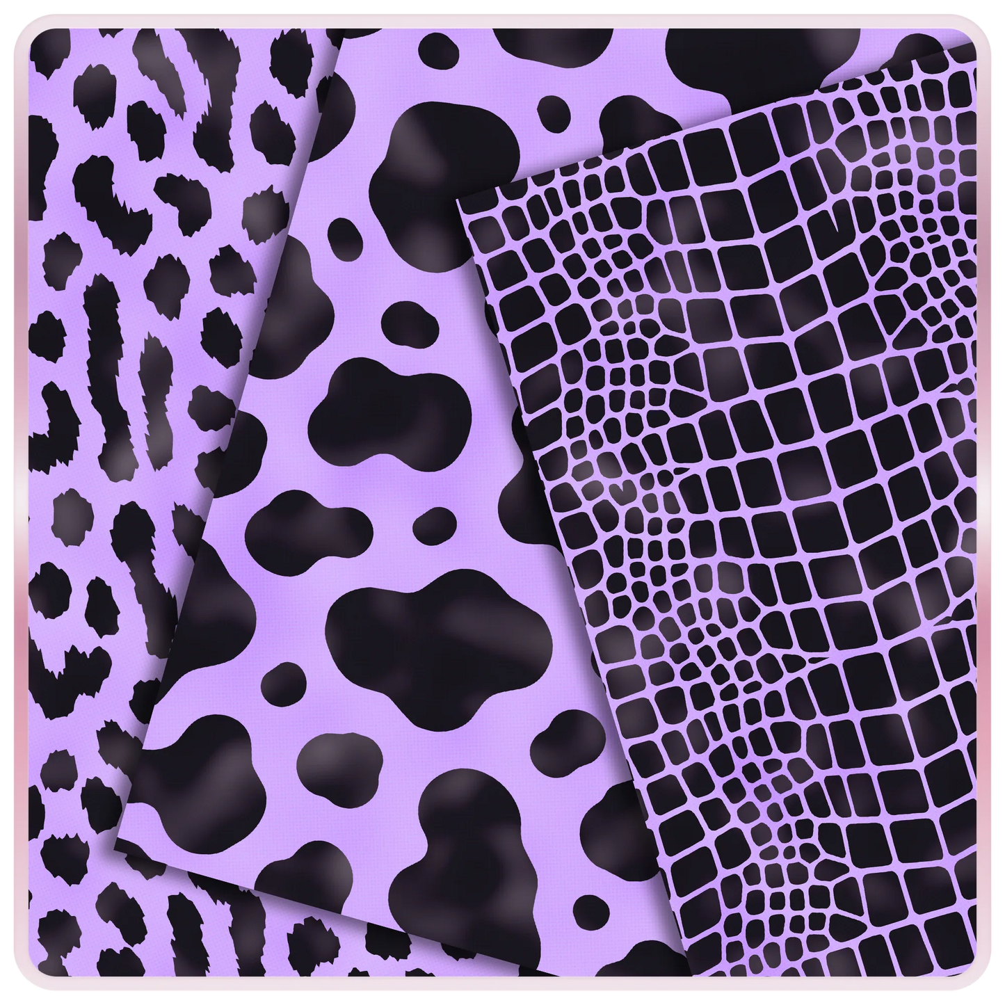 Lavender and black seamless digital papers featuring leopard print, cow print, and giraffe-style animal print patterns for crafts and printables.