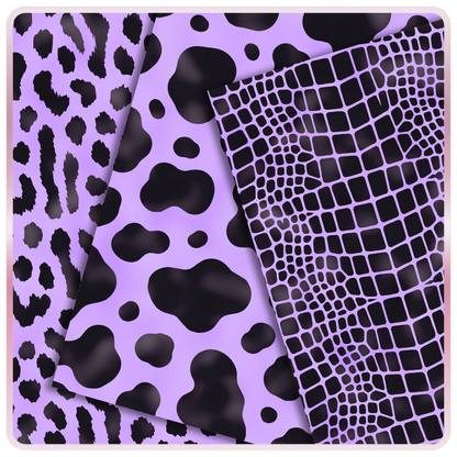 Lavender and black seamless digital papers featuring leopard print, cow print, and giraffe-style animal print patterns for crafts and printables.