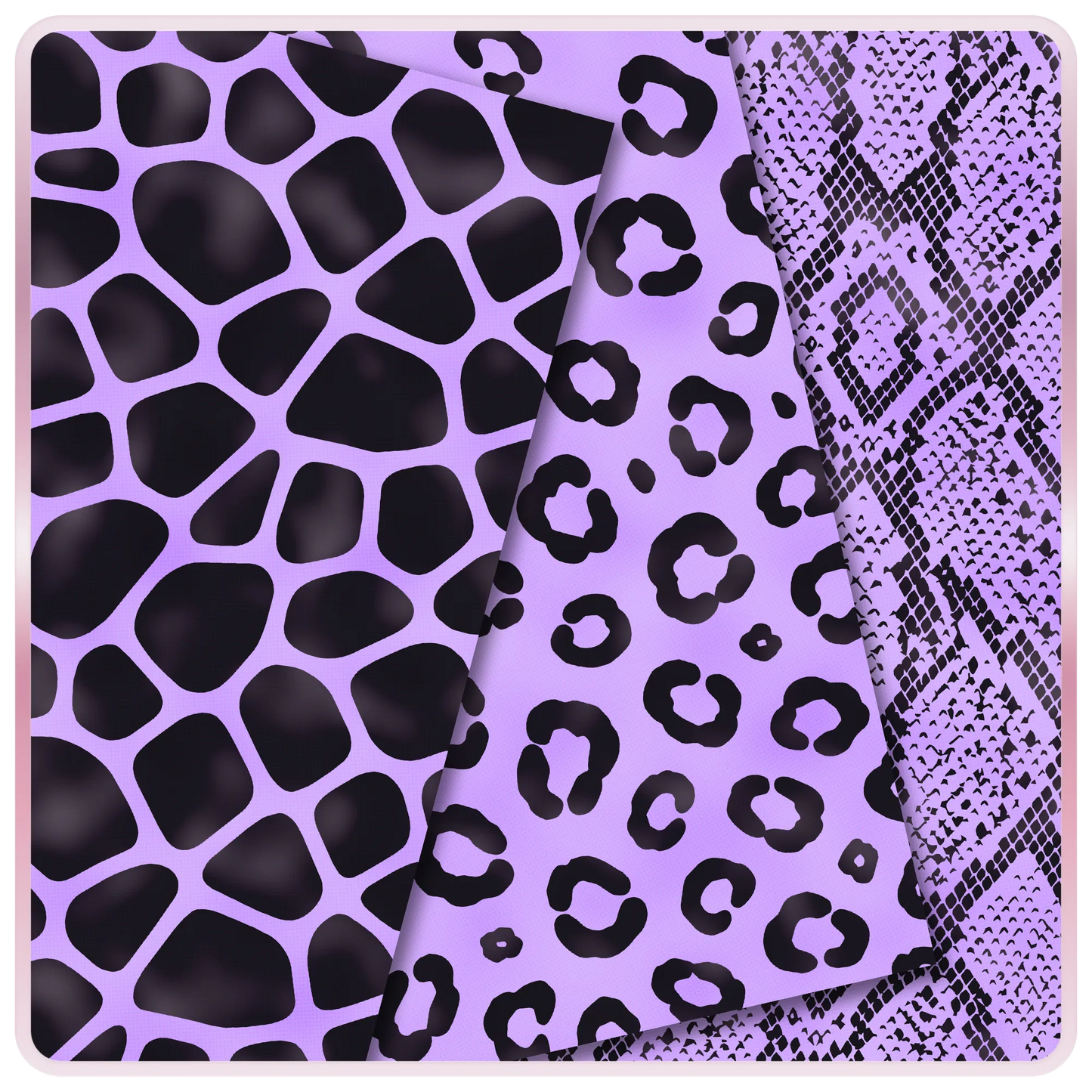 Purple Lavender Dream seamless animal print digital papers with black giraffe spots, leopard print, and snake print JPG patterns.