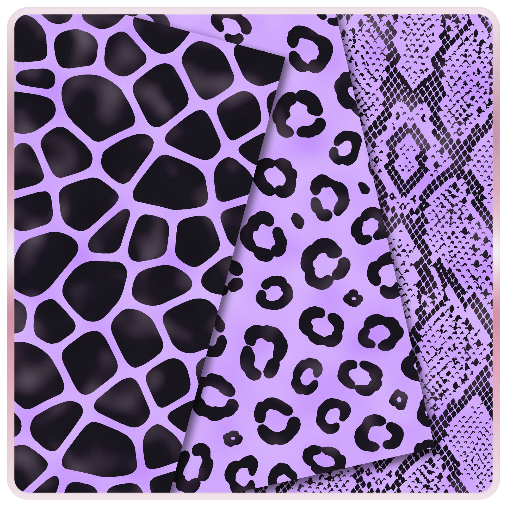 Purple Lavender Dream seamless animal print digital papers with black giraffe spots, leopard print, and snake print JPG patterns.