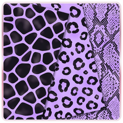 Purple Lavender Dream seamless animal print digital papers with black giraffe spots, leopard print, and snake print JPG patterns.