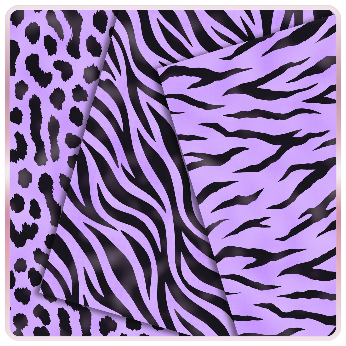 Lavender and black animal print seamless papers featuring leopard spots, zebra stripes, and tiger stripe digital patterns for scrapbook and craft projects.