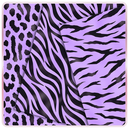 Lavender and black animal print seamless papers featuring leopard spots, zebra stripes, and tiger stripe digital patterns for scrapbook and craft projects.