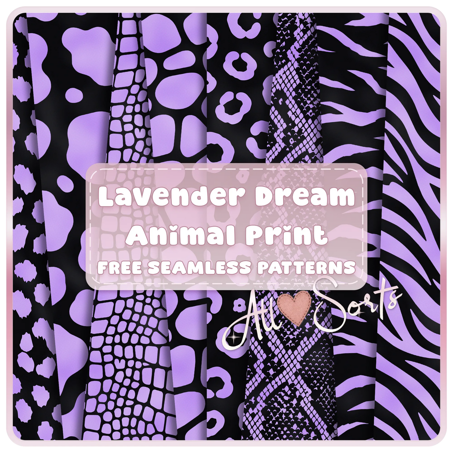 Free Lavender Dream Animal Print seamless digital paper pack preview featuring purple and black leopard, cow, giraffe, snakeskin, zebra, and crocodile patterns by AllSorts Crafts.